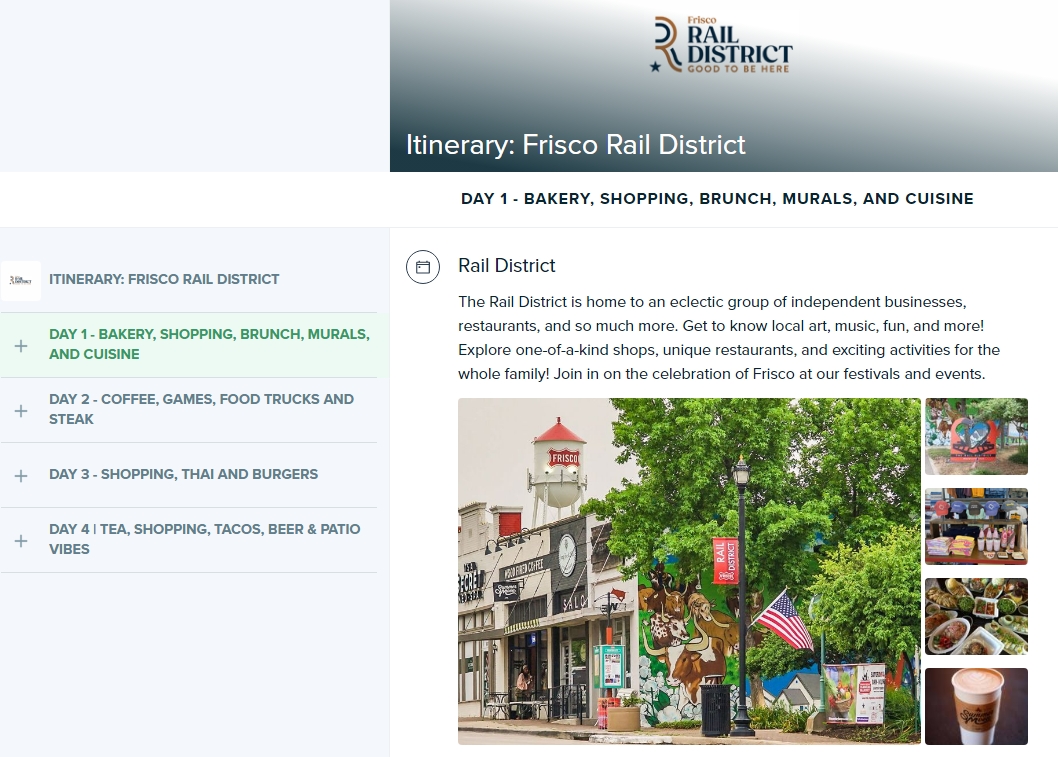 Itinerary: Frisco Rail District page screenshot.
