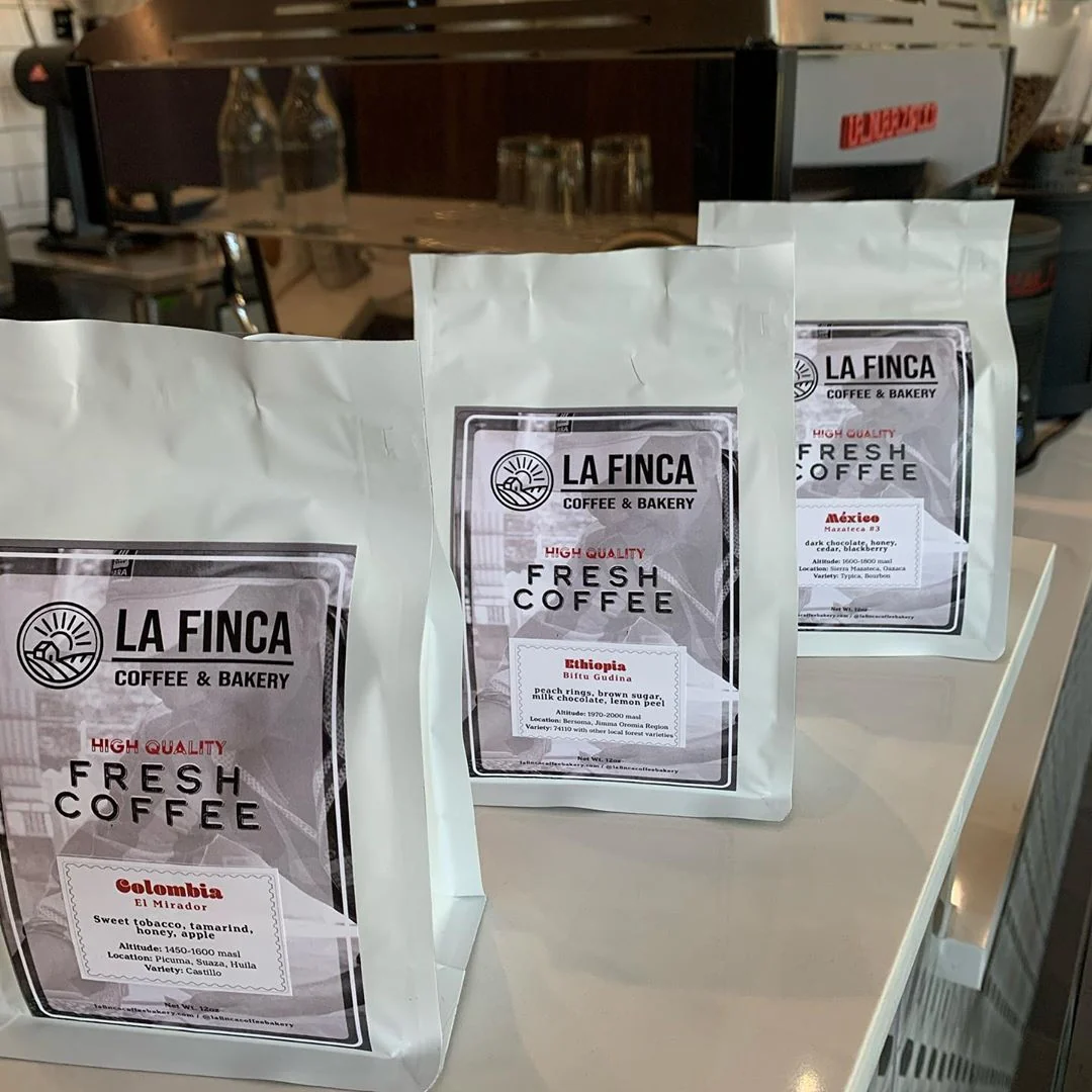 La Finca coffee bean bags on display